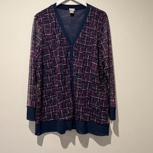Chico's Navy Blue Red Abstract Grid Sheer Mesh Button Front Cardigan Size 3 XL